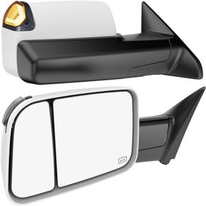 Switchback Signal Tow Mirrors Compatible with Dodge Ram 1500(2009-2018) 2500 3500(2010-2018), Power Heated Flip Up Extended Trailer Towing Side Mirrors w/Puddle Light, Smoked Lens White Housing