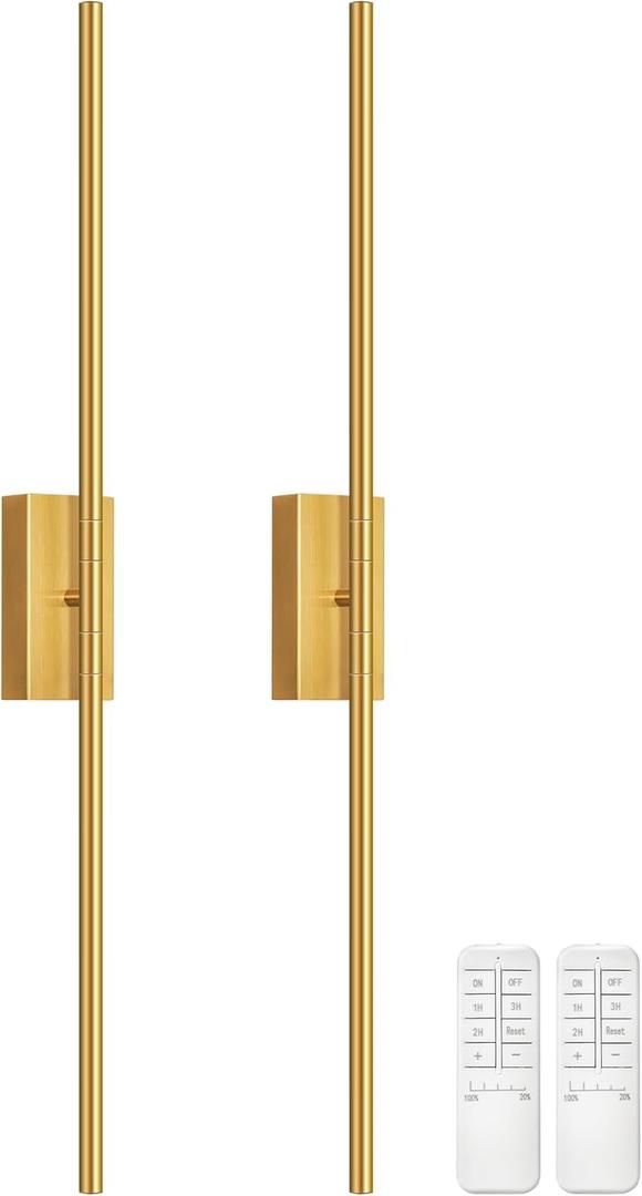 34.6" Wireless Battery Operated Wall Sconces Set of Two,Rechargeable Lamp with Remote, 360 Rotation, 10000mAh Battery, Touch Dimmable Lights for Living Room Hallway Bedroom, Gold D05YBP205