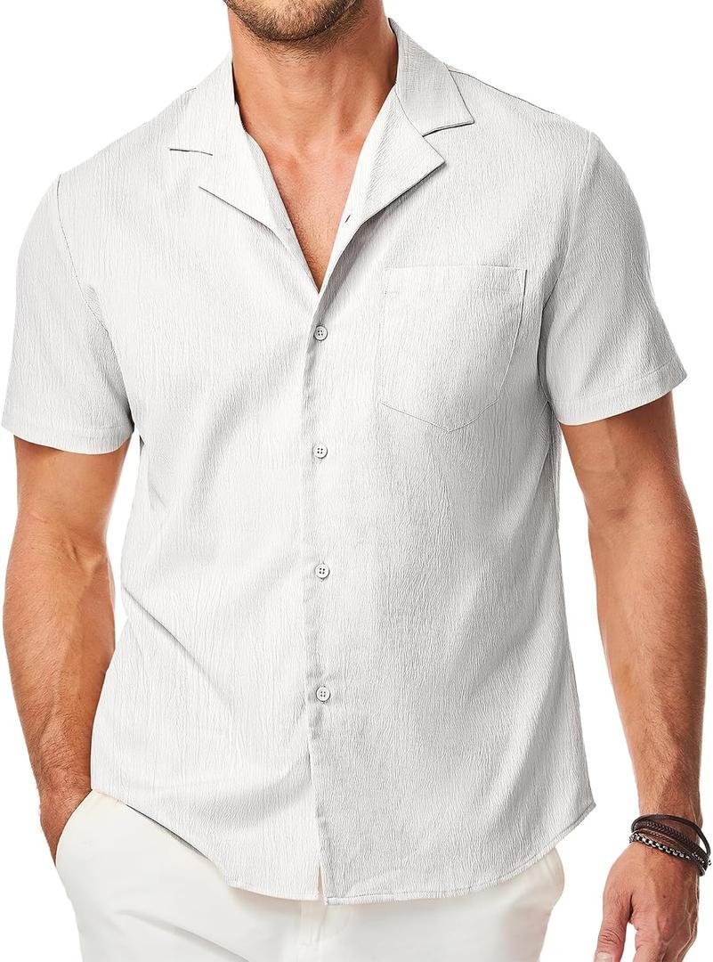 JMIERR Men's Casual Button Down Shirts Short Sleeve Textured Summer Beach Shirt Cuban Vacation Shirts with Pocket (White, M)