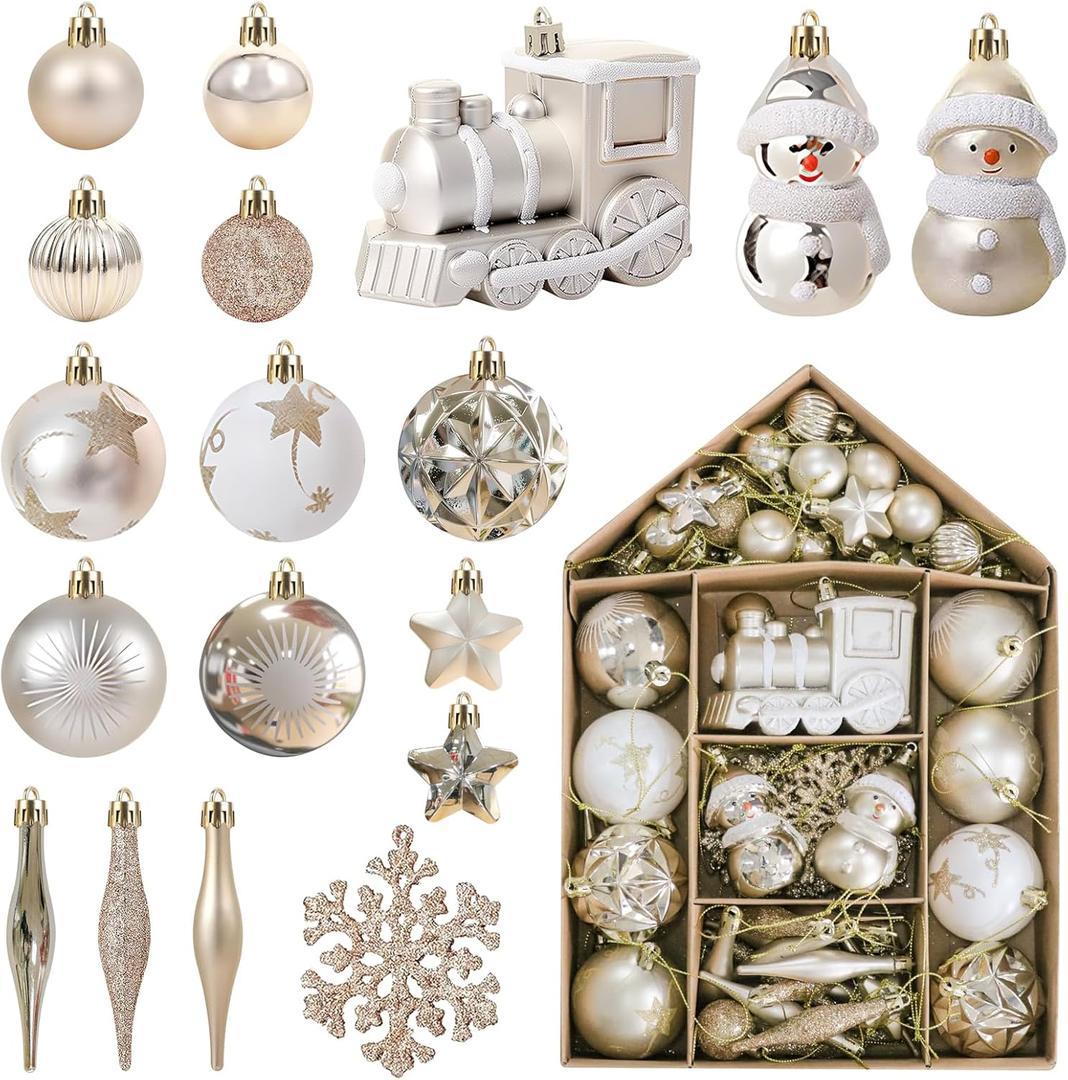Christmas Ornaments Set,70Pcs White and Gold Christmas Ornaments,Versatile Hanging Shatterproof Christmas Tree Ornaments Balls,for Xmas Trees,Wreath Garland,Holiday Party, Home Decor(White Gold)