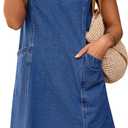 Pink Queen Womens Denim Dress Summer V Neck Short Sleeve Loose Casual Jean Dresses with Pockets (Blue, L)