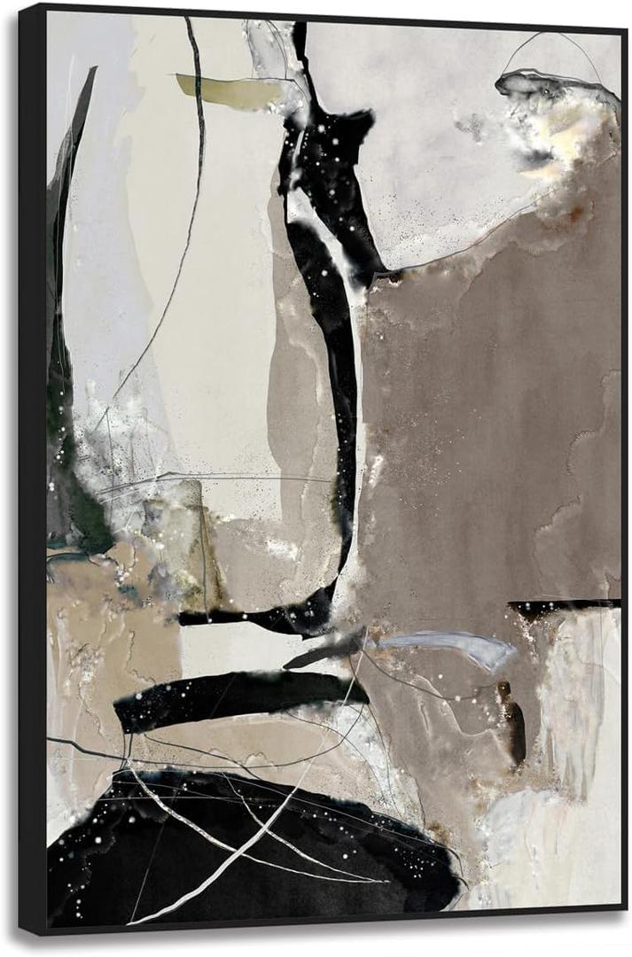 Yelash Living Room Wall Art Matte Gray and Black Abstract Painting Picture Decoration, Greyscale Beige Canvas Artwork for Office Bedroom Walls Decor 24x36 Black Frame