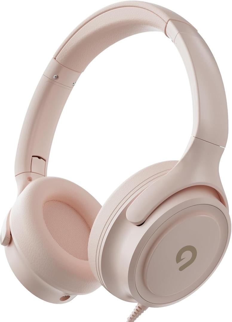 Kids Headphones with Cord-3.5mm Jack 85/94dB Safe Volume Control Built-in Microphone On-Ear Headphones for Kids/Teens/Girls/School/Travel/3.5mm Devices(Beige)