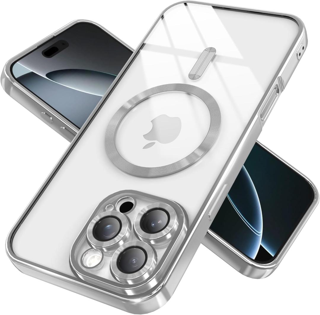Magnetic Clear Case for iPhone 15 Pro Max with Full Camera Lens Protection,Compatible with MagSafe,Plating Soft TPU Phone Case,Anti-Scratch Shockproof Slim Cover for Women Gilrs Men - Sliver (Silver)