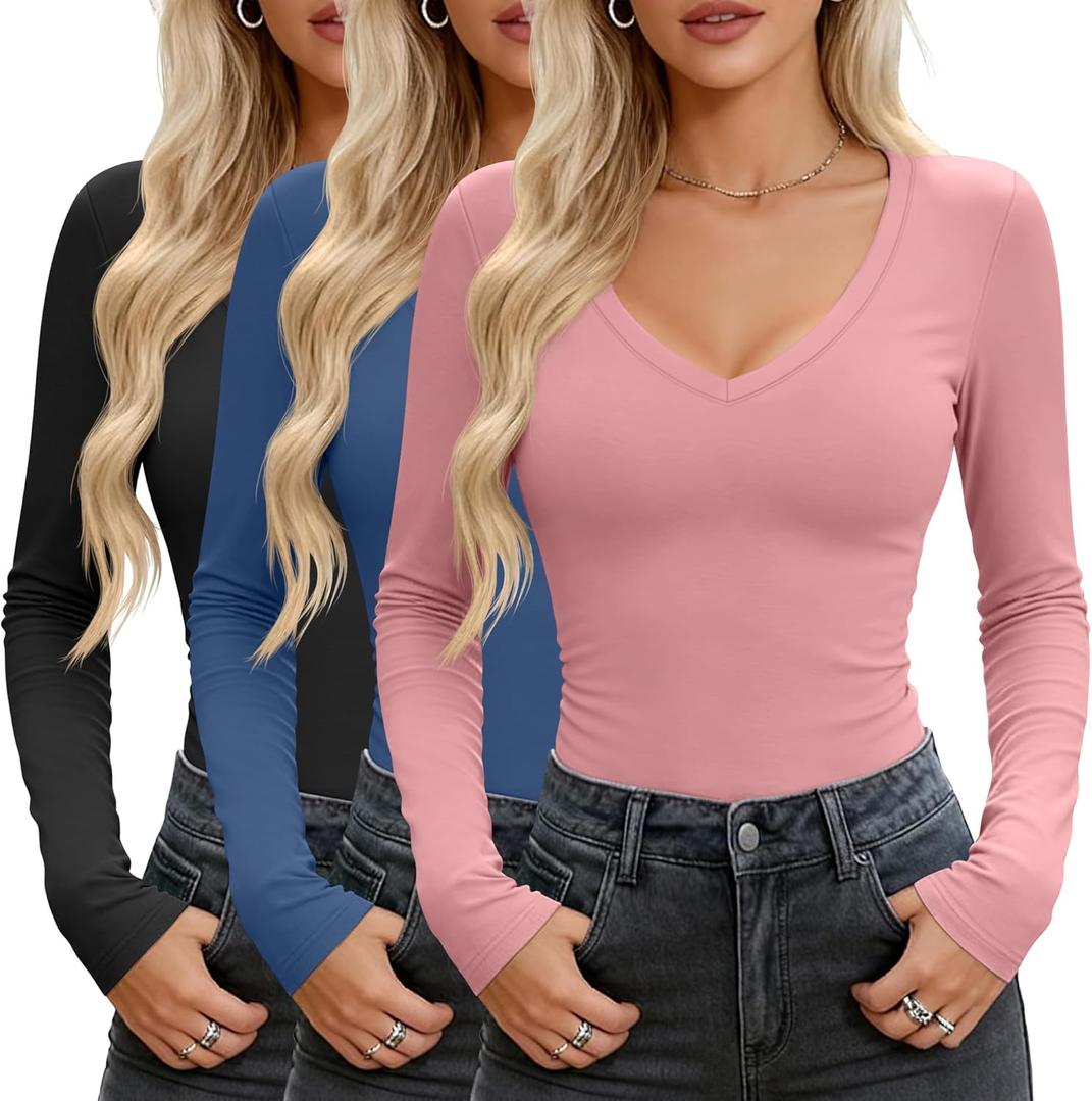 Huukeay 3 Pack Women's V Neck Long Sleeve Shirts Layering Undershirts Slim Fit Ladies Tops Underscrub Basic Tees (L)