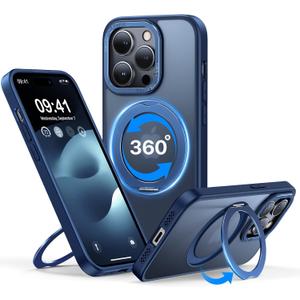 QTlier case for iPhone 14pro, 360 Rotatable Ring Stand, Raised Camera Frame, Shockproof with MagSafe Blue