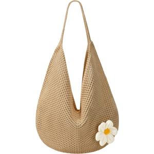 Premillow Crochet Beach Bags for Women, Summer Beach Tote Bag, Mesh Cute Beach Purse, Aesthetic Knit Bag Handbag Shoulder Bag (Khaki)
