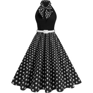 ODIZLI 1950s Dress for Women Retro Sleeveless Tie Neck Polka Dot Swing Dress with Belted Evening Party Cocktail Dresses (XL)