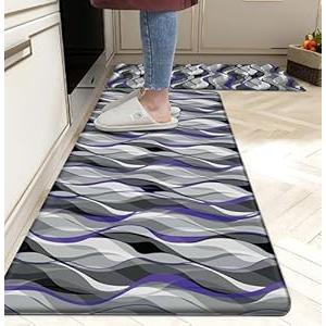 Kitchen Mats for Floor Modern Abstract kitchen rugs Grey and Purple Stripe Anti Fatigue Kitchen Mats Waterproof Floor Mats Cushioned Non-Skid Standing Mats for Kitchen, Set of 2, 17.3 x 28+17.3 x 47