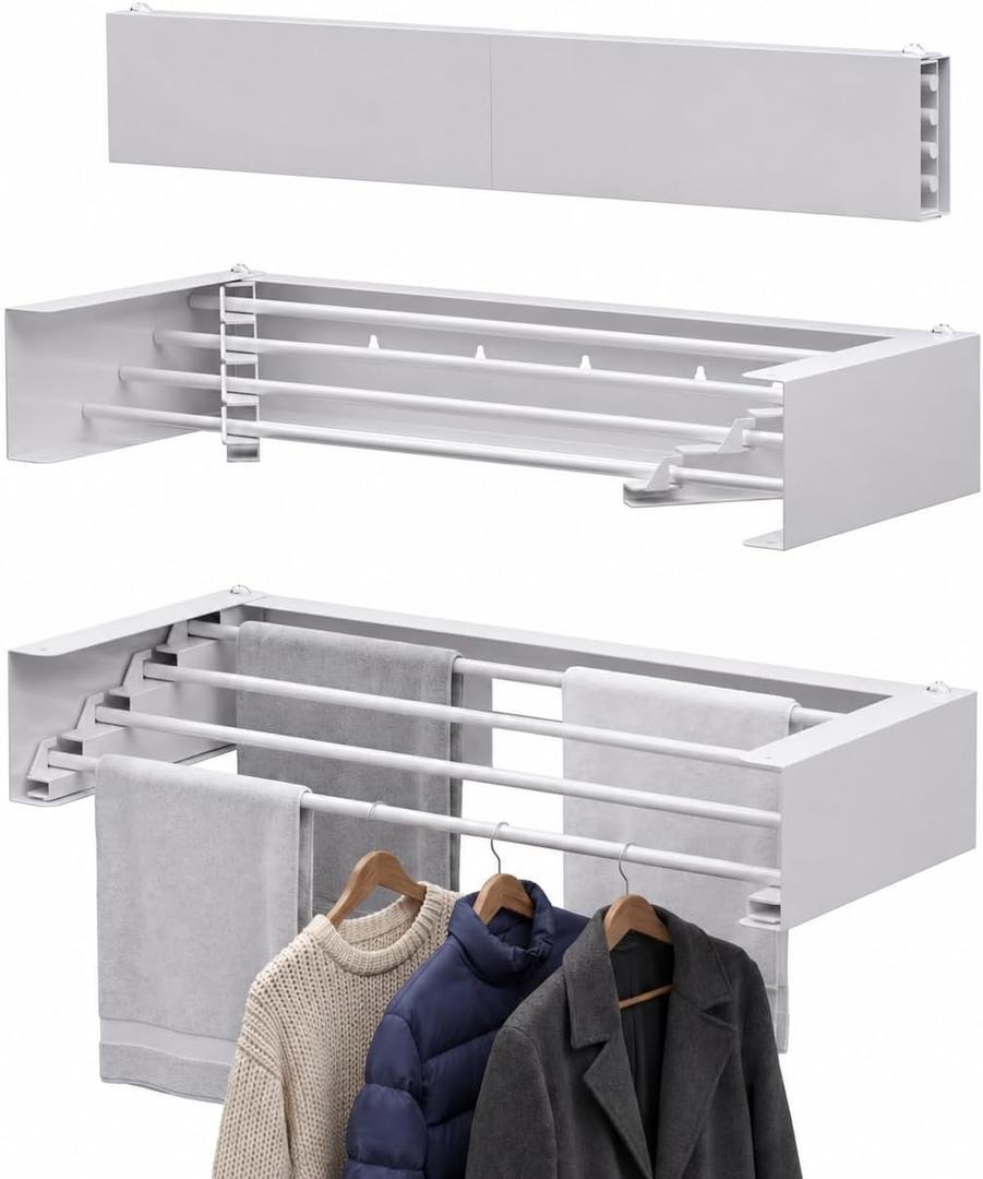 Wall Mounted Drying Rack, 23.6" Retractable Clothes Drying Rack, Heavy Duty 60LB Capacity with 4 Stainless Steel Rods, Foldable Laundry Rack for Indoor Laundry Room, Balcony & Bathroom, 23.6" Regular