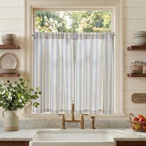 jinchan Striped Linen Kitchen Curtains 36 Inch Cafe Tier Curtains Balanced Stripe Farmhouse Small Drapes for Bathroom Laundry Over Sink Half Window Light Filtering 2 Panels Blue on Linen