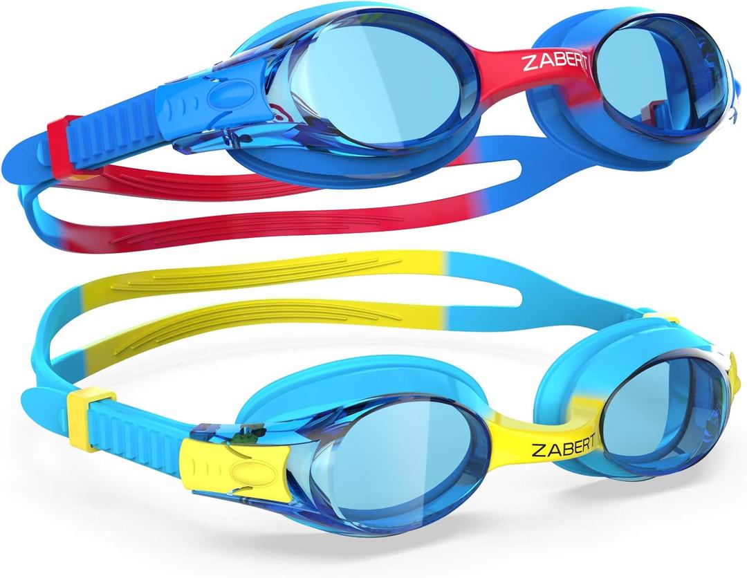 K20 Swimming Goggles for Kids Girls Boys Age 3-10 Years Old, Anti-fog 100% UV Protection with Travel Bag (Pack of 2, Blue Yellow & Blue Red)