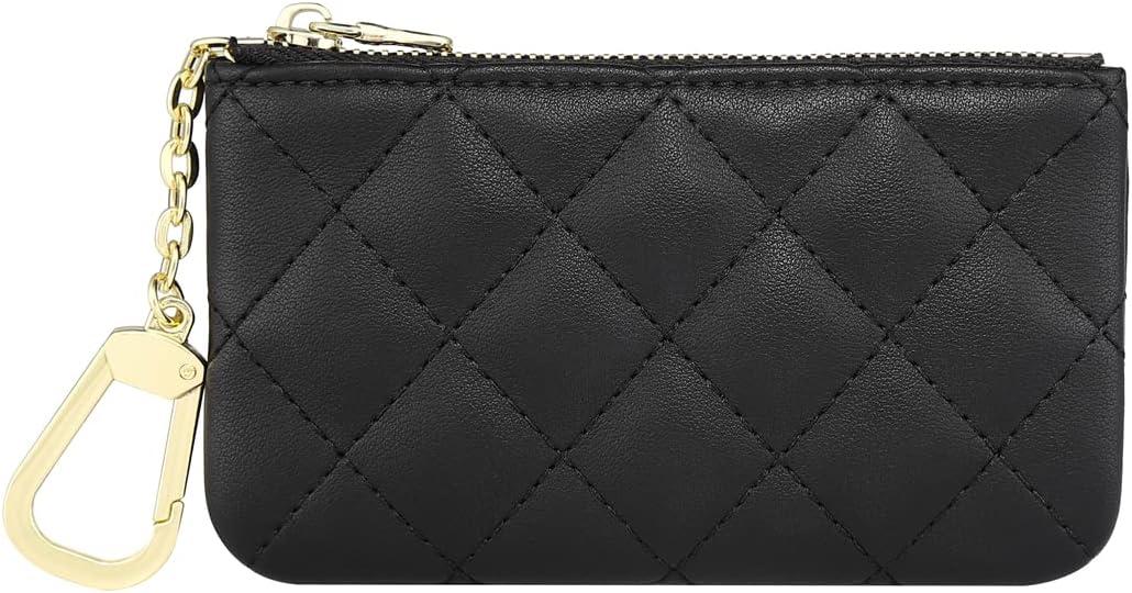 Premium Genuine Full Grain Leather Mini Coin Purse Keychain Pouch Card Holder for Men Women (Black Quilted - LG)