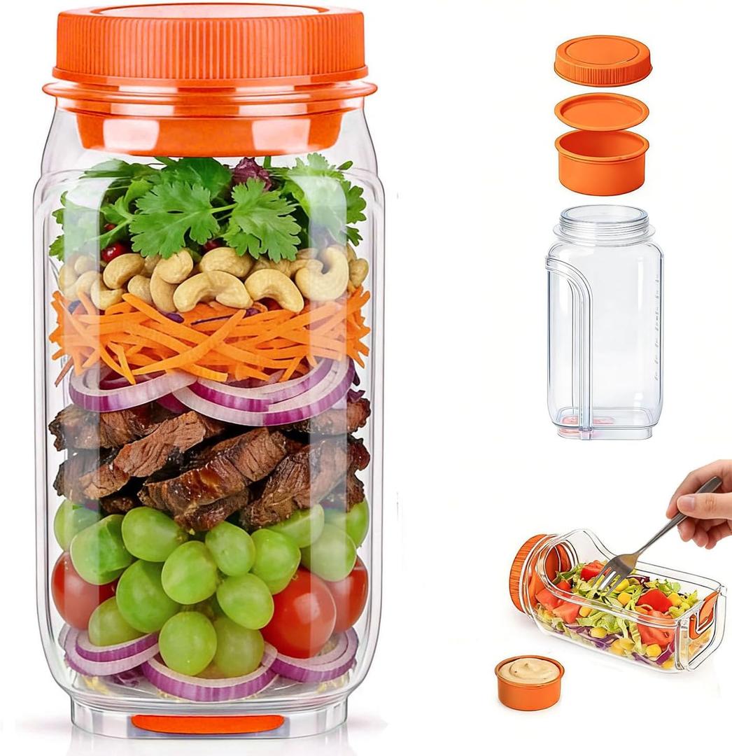 VKX 2026 Upgraded Salad Jar Side Open, 35oz (1000ml) Leakproof Salad Jar Lunch Container with Dressing Cup & Lid, Dishwasher Safe for Office & Outdoors, Travel (Orange)