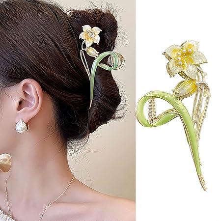 TR Creation Hair Clips Metal Alloy Hair Accessories for Women Girls, Hair Claw Clips Pearls Cute Fashion Spring Summer Hairpins Large Jaw Clip. (Lily Hair Claw) Pack Of 2