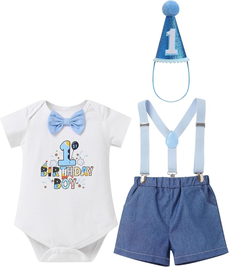 IMEKIS Baby Boys 1st 2nd Birthday Outfit Blue Bowtie Romper Suspenders Hat 3PCS Sets Cake Smash Photo Shoot (White, S) 12-18M