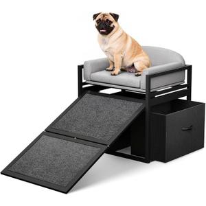 Non Slip Dog Ramp with Seat & Storage Drawers,Extra Wide Doggie Stairs,Metal Frame Puppy Chair for High Bed Couch Office,Dachshunds Ladder,Washable Cushion Pet Step for Small Old Pets Grey (Gray)