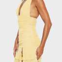 Women's Sexy Halter Bodycon Dress Deep V Neck Ruched Ruffle Hem Slit Mini Dress Sleeveless Club Party Outfits (Yellow, M)