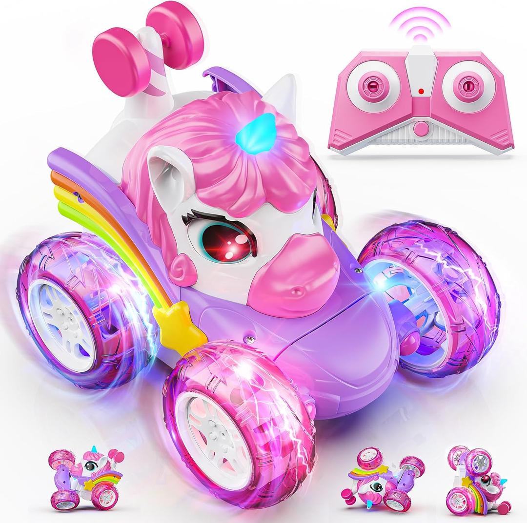 Carsky Unicorn Remote Control Car for Girls,Rechargeable 360Stunt RC Cars Rotation 4WD Remote Cars with LED Lights,Fun Indoor Outdoor Toys for Kids,Chritmas Birthday Gift for 3 4 5 6 Year Old Girl