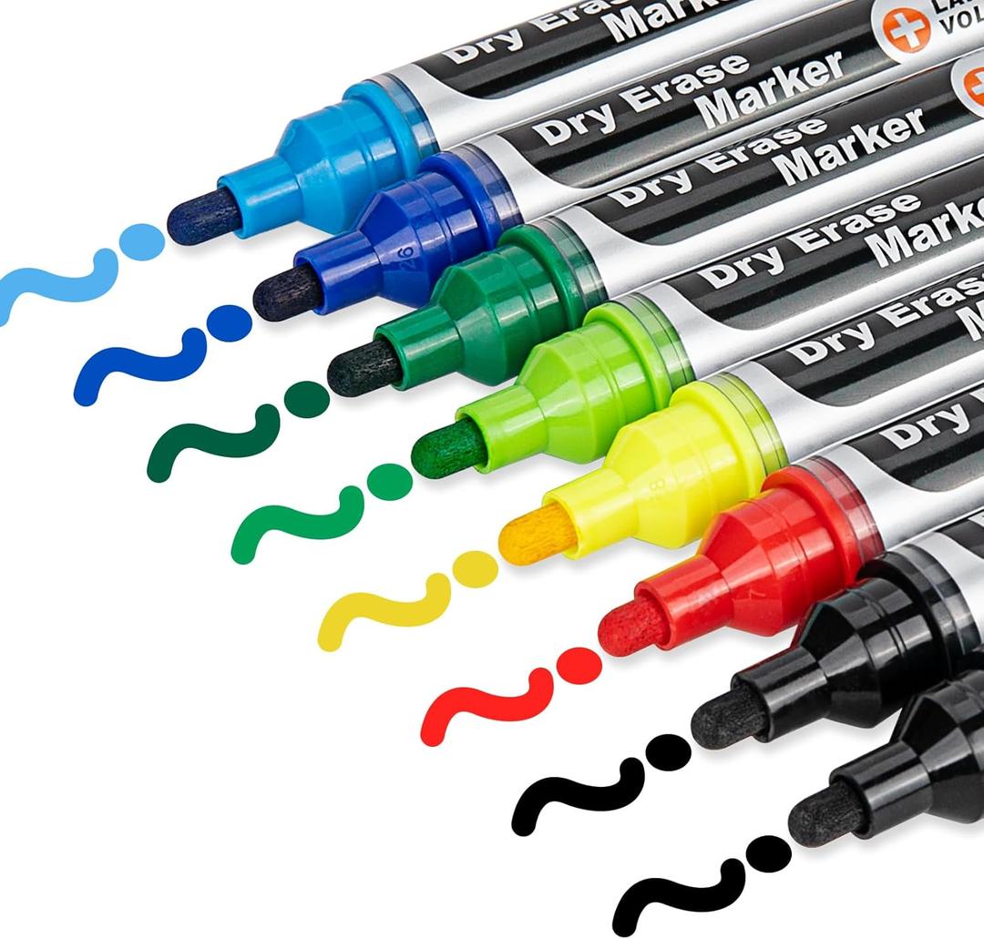 Glass Board Markers Erasable, Neon Dry Erase Markers for Whiteboard, Glass Board, Calendar, Chalkboard, Large Volume, 8 Pack Bullet Tip Whiteboard Markers for School, Home, Office