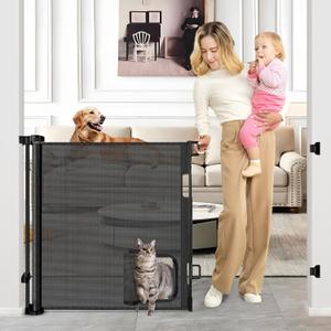 Retractable Baby Gates with Door 55" Wide Retractable Dog Gate with Pet Door Outdoor Retractable Gate for Dogs Mesh Baby Gate Retractable Pet Gate with Cat Door Retractable Child Gates for Doorways (Black)