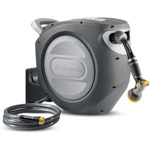 GLAHODEN Retractable Garden Hose Reel 5/8 in x 100 ft Metal Bracket, 2025 Upgraded Dual Ratchet Lock UV & Freeze Protection Brass Seal Slow Retraction Anti-Tangle Hose 180Swivel