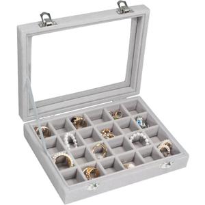2 x Vicoter Velvet Jewelry Box 24 Grid Jewelry Ring Display Organiser Box Tray Holder Earrings Storage Case for Girls Wife Mom Women (Gray)