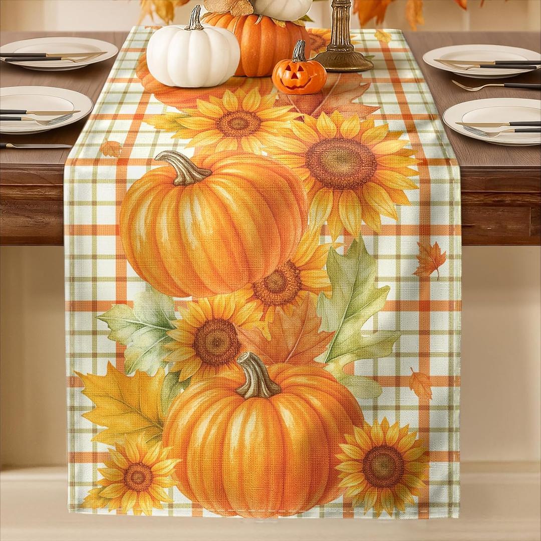 Pumpkin Sunflower Fall Table Runner - 13"90" Plaid Thanksgiving Table Runner for Fall Decor, Seasonal Harvest Autumn Thanksgiving Decorations for Home, Dining Room, Kitchen, Parties