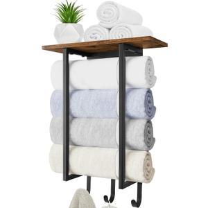 ELITEROO Towel Racks for Bathroom Wall Mounted, Towel Holder with Wooden Shelf and 3 Hooks for Washcloths Hand Towel, Bath Towel Storage Organizer for Small Bathroom, RV, Rustic Brown