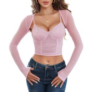 Avidlove Mesh Crop Top with Shrug Long Sleeve Sheer Top Sexy Low Cut Shirt Going Out 2 Pieces Clubwear, Small
