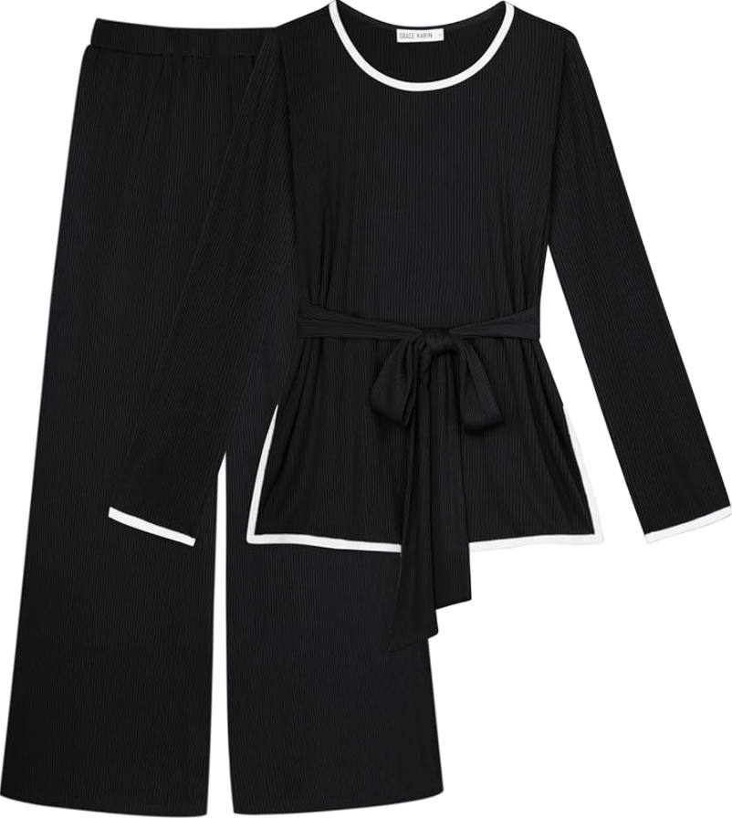 GRACE KARIN 2 Piece Sets for Women Ribbed Tie Front Top & Wide Leg Pants Lounge Matching Sets Tracksuits Fall Outfits
, black, Size M