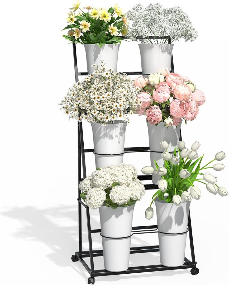 Black Tiered Flower Display Stand with 6 Buckets, Rolling 3-Tier Floral Cart for Florists, Markets & Events, Mobile Flower Presentation Rack for Shop, Patio or Wedding Setup