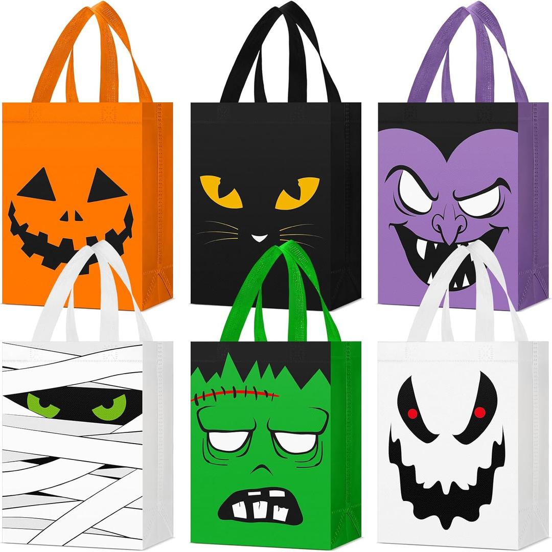 Paterr 18 Pcs Halloween Candy Bags Reusable Non Woven Treat Gift Bags Cat Ghost Mummy Vampire Zombie Pumpkin Tote with Handles Bulk for Halloween Party Kids Birthday