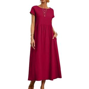 Larmliss Baggy Crew Neck Dress for Women Summer Casual Comfy Cotton Short Sleeve Tunic Beach Maxi Dresses with Pockets, 3XL