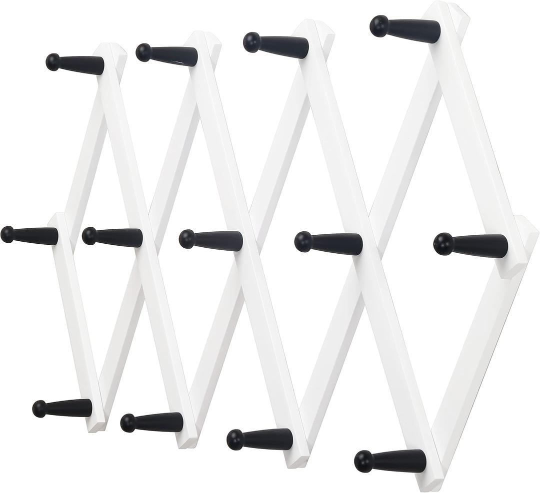 Dseap Accordian Wall Hanger: 16 High Wooden Wall Expandable Coat Rack, Hat Rack Holder, Accordion Hook for Baseball Caps, Coats, Mugs, 13 Peg Hooks, White & Black