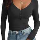 Meetrendi Women's Long Sleeve V Neck Shirt Sexy Henley Tight Slim Fitted Going Out Top Ribbed Button Fall Fashion 2025, XS