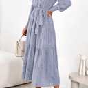 dowerme Women's Casual Dresses 2025 Fall Fashion Long Sleeve Button Up Floral Print Belted Tiered Boho Maxi Party Dress (S)