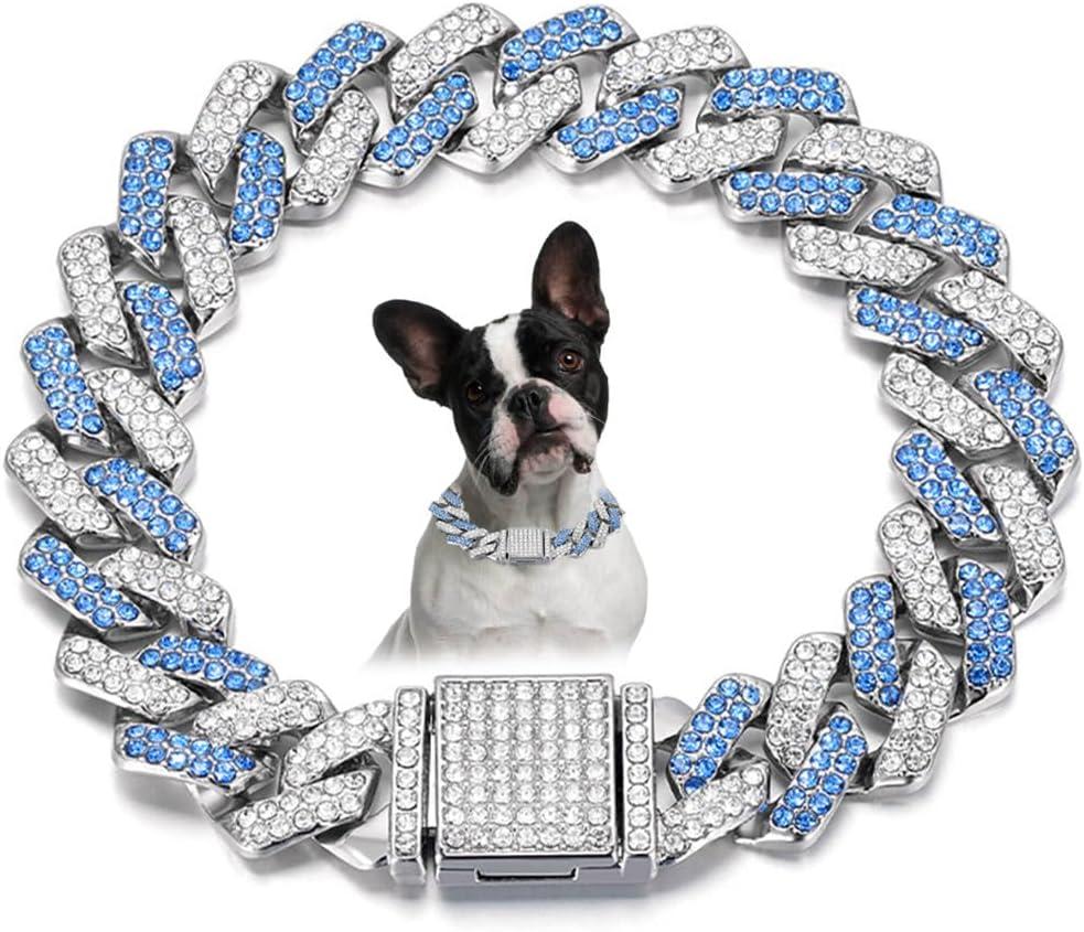 Blue Chain Dog Collar for Medium Dogs, Bling Diamond Cuban Link Dog Collars Glitter Rhinestone Dog Necklace Blue, 20 inch(Neck17-19")