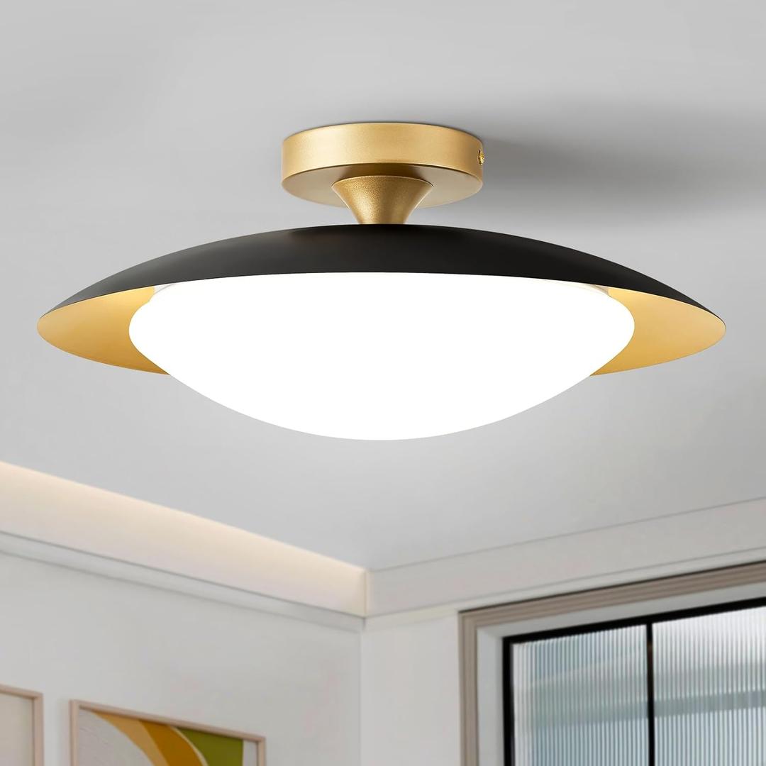 Dimmable Mid Century Modern Ceiling Light,5CCT LED Black and Gold Semi Flush Mount Ceiling Lighting, for Kitchen Bedroom Hallway Bathroom 2700K-6000K 15.75 in