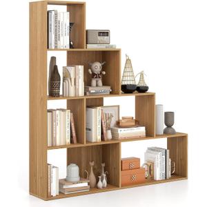 Tangkula 4-Tier Stepped Bookshelf, Freestanding 6 Cubes Ladder Bookcase with Anti-Tipping Kits, 64" Tall Modern Wooden Storage Display Rack for Home Office Living Room Study (1, Natural)