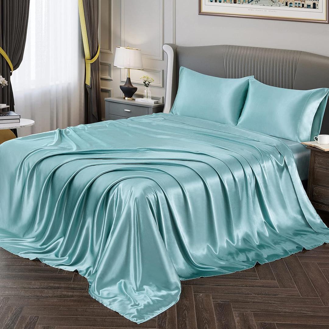 Vonty Satin Sheets Twin Silky Soft Satin Bed Sheets Aqua Sheet Set, 1 Deep Pocket Fitted Sheet + 1 Flat Sheet + 1 Pillowcases