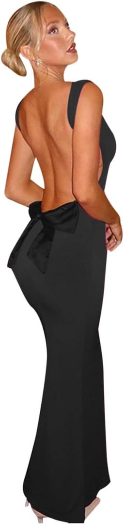 RARITYUS Women's Sexy Cowl Neck Backless Maxi Dress Elegant Satin Bowknot Long Dress Cocktail Party Evening Gown, Small