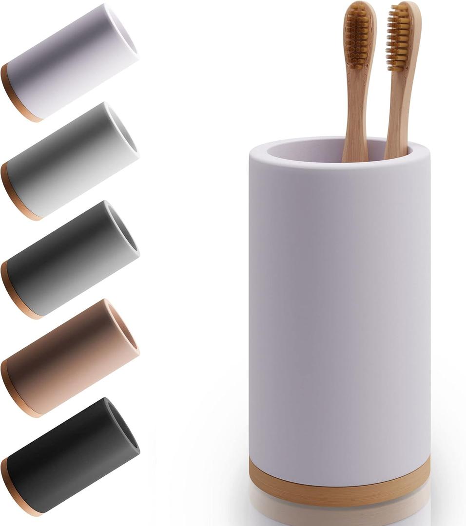 Matani Bamboo Toothbrush Holder Diatomite Tooth Brush Organizer - Storage Stand for Small Bathroom & Counter - Removable Base & Drain Holes, Water-Absorbent & Quick-Drying (Off White)