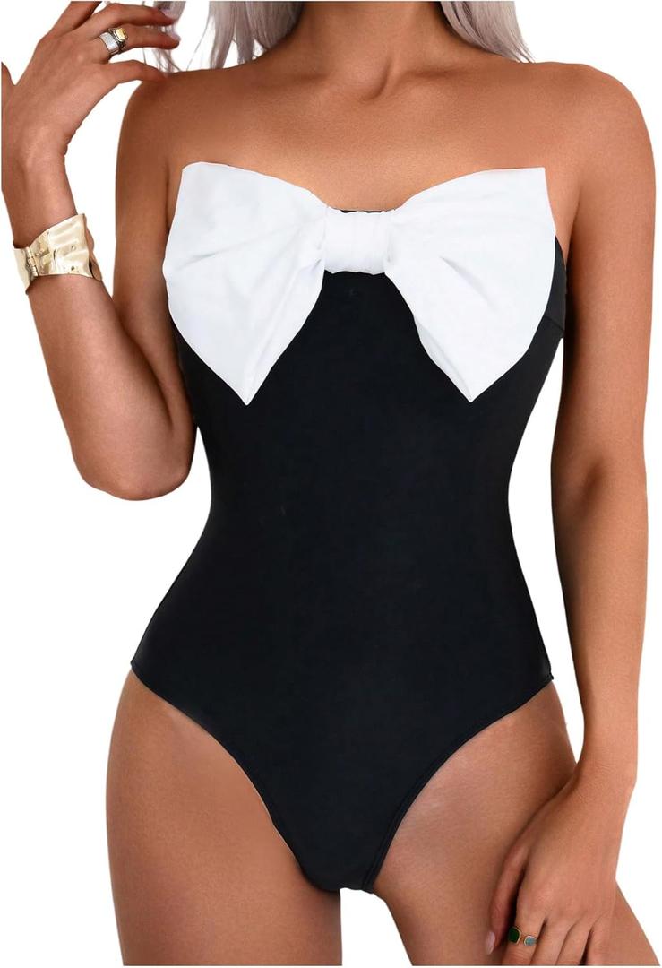 WDIRARA Women's Bowknot Strapless One Piece Swimsuit Colorblock Bandeau Bathing Suit with Removable Strap (Black, M)