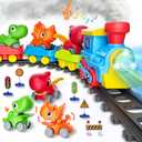 Train Set for Toddlers w/Steam, Music & Lights - Electric Train Toys for Kids w/Tracks Accessories, Including 3 Dinosaur Car and 3 Trailer, Christmas Birthday Gifts for 3 4 5 6+ Years Old Boys Girls.