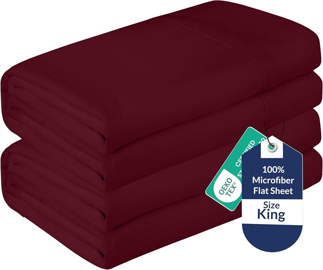 Royale Linens 2 Pack Bulk Flat Sheet Set - Top Sheets - Soft 1800 Microfiber - Wrinkle & Stain Resistant - for Hotel, Massage Table, Hospital, Dorm - King Flat Sheet Sold Separately (King, Burgundy)