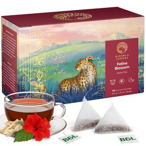 Blooms & Leopard Premium Herbal Tea Bags Feline Blossom Blend with Hibiscus, Licorice, Fennel, Tulsi & Shatavari Caffeine-Free Tea 20 Pyramid Tea Bags, Caffeine-Free for Hot or Iced Tea, No BB Date