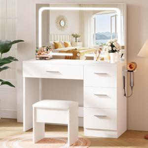 LIVELYGLOW Makeup Vanity Desk Set, White, 35.4W x 15.7" D x 53.9" H (Large Smart LED Mirror, with Cushion Stool, Hairdryer Rack, Power-Outlet, 4 Drawers)