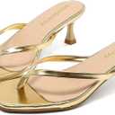 Mindeeryy Thong Sandals Kitten Heels Square Toe Flip Flops Slip On Heels for Women Kitten Heel Sandals Low Heel 2.4 Inch for Casual Gold 7