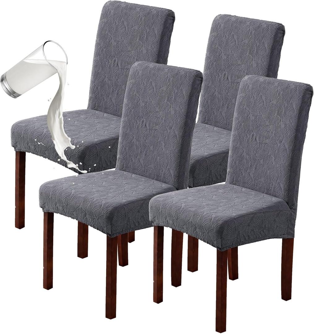 Genina 100% Waterproof Dining Room Chair Covers Set of 4 Stretch Kitchen Chair Covers Parsons Chair Slipcovers for Dining Room Chair Protector Cover, Removable, Washable (Leaf Pattern-Dark Gray, L)
